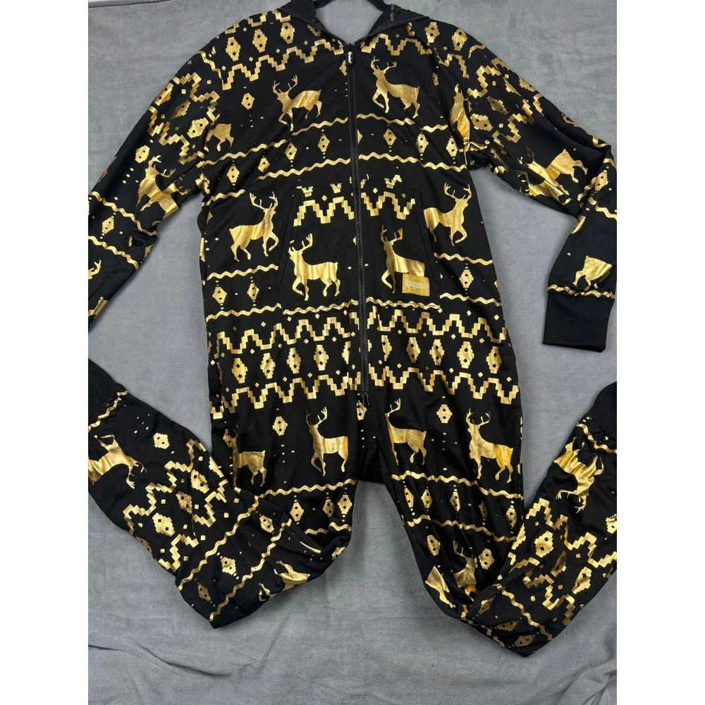 Tipsy Elves Mens XL Black Gold Metallic Reindeer Fair Isle Hooded Jumpsuit - Picture 2 of 11